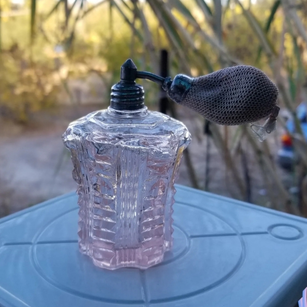 Rare antique Occupied Japan pale pink pressed glass perfume bottle with atomizer